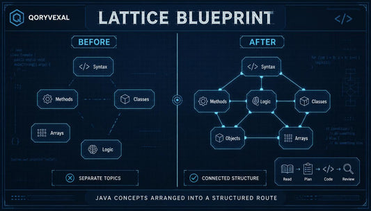 Diagram comparing 'Before' and 'After' of Java concepts arranged into a structured route with Qoryvexal Lattice Blueprint.