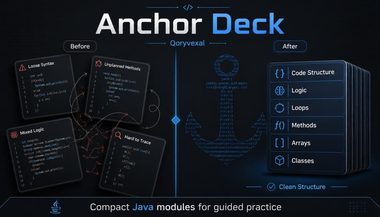 Anchor Deck software interface with code structure and logic elements on a dark background