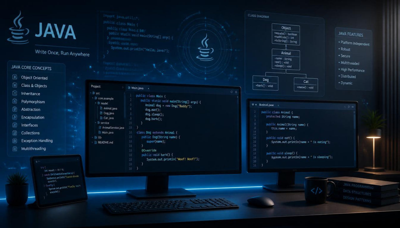 Dark-themed workspace with multiple computer monitors displaying Java code and interfaces.