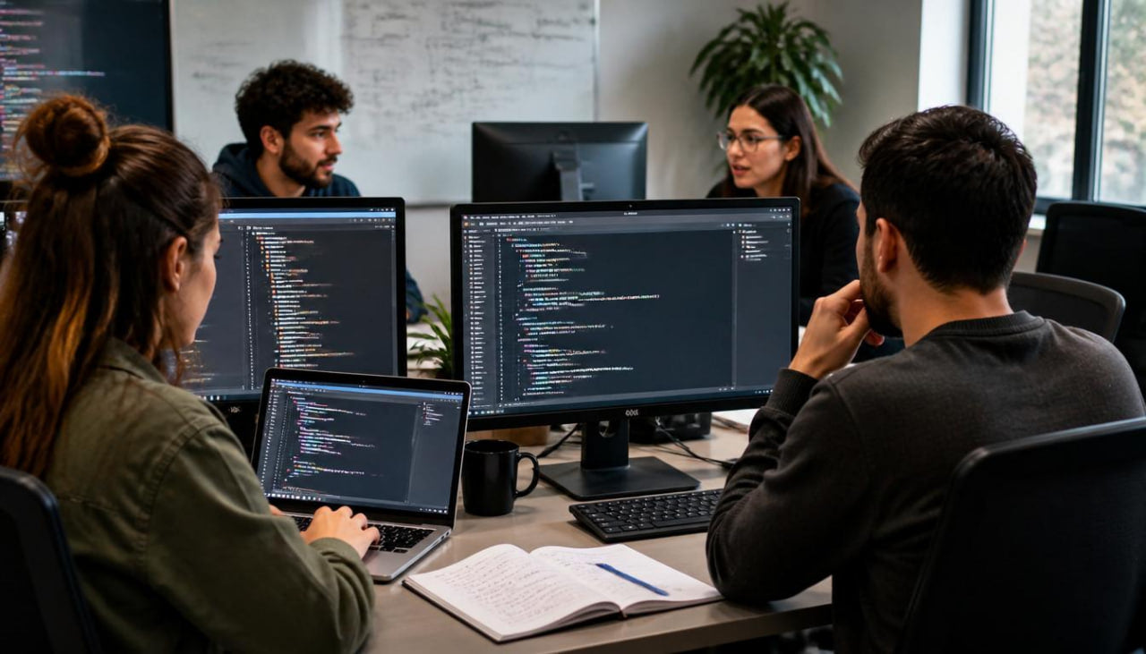 Group of people working on computers in a modern office setting