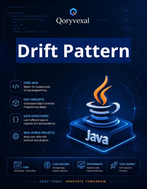 Book cover of 'Drift Pattern' by Qoryvexal with Java logo and programming elements on a dark background.