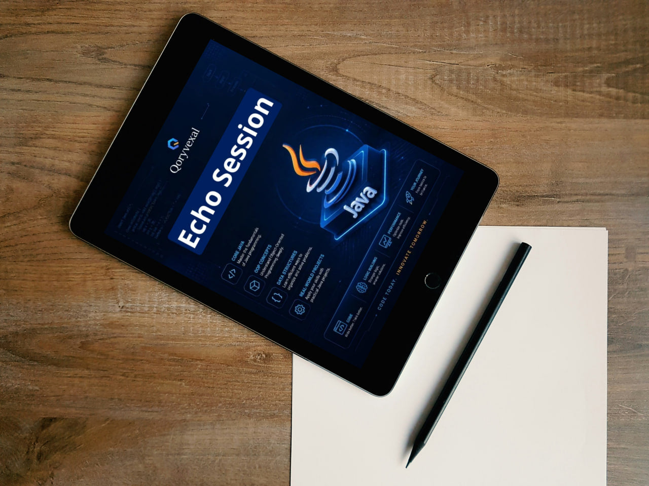 Tablet displaying 'Echo Session' app on a wooden surface with a pen