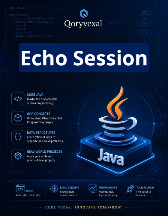 Qoryvexal Echo Session book cover with Java logo on a dark background
