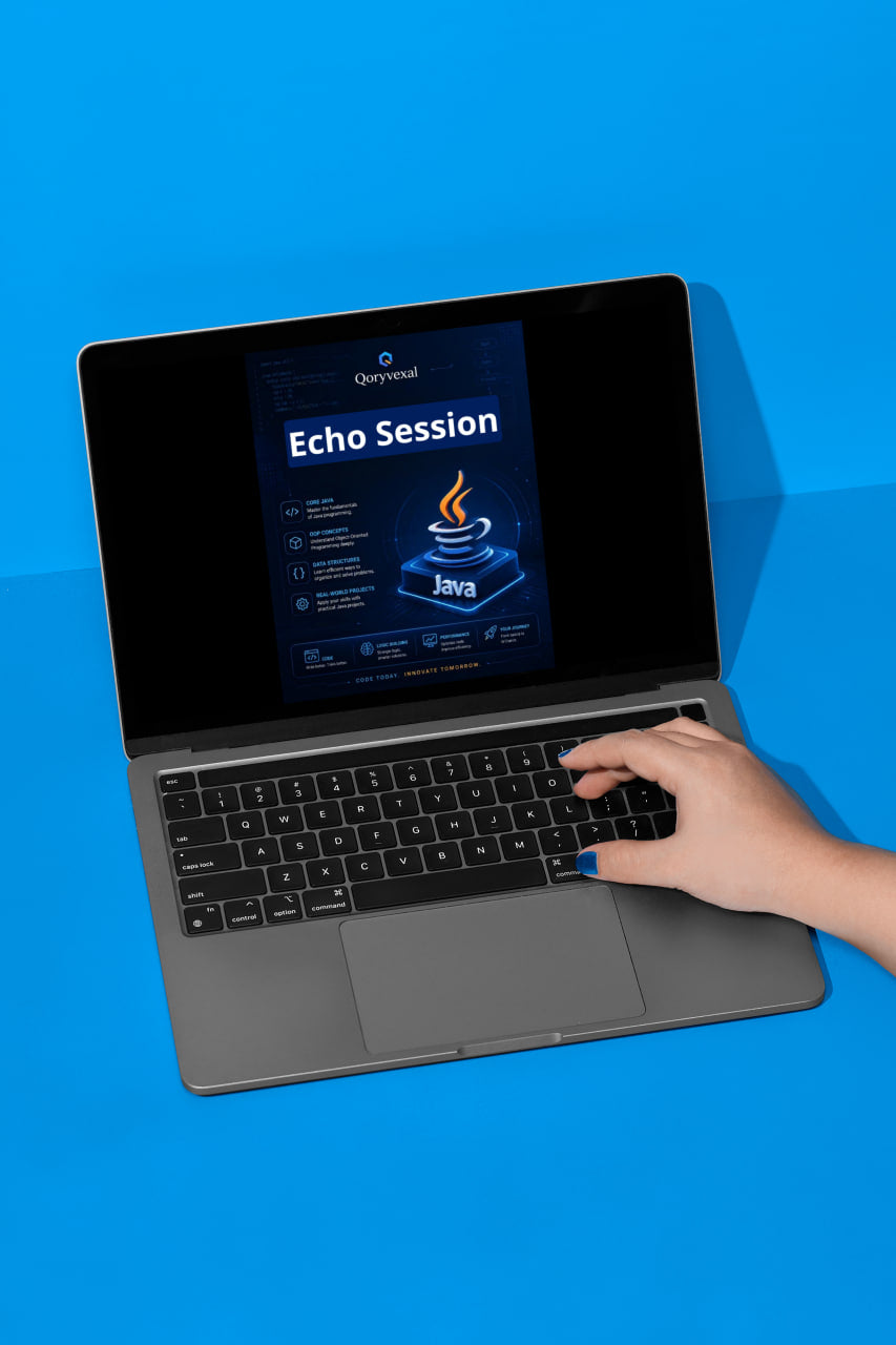Person using a laptop with 'Echo Session' software on a blue background