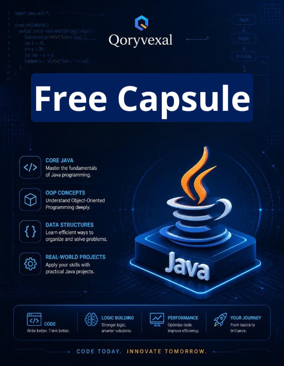 Promotional graphic for Qoryvexal's Free Capsule Java course with Java logo and educational elements on a dark background.