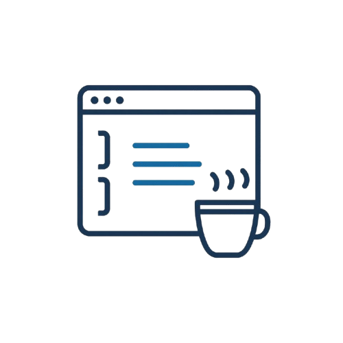 Outline of a computer screen with code and a coffee cup on a white background