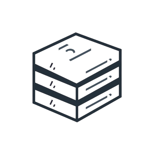 Icon of a stack of three hexagonal boxes with diagonal lines on a white background