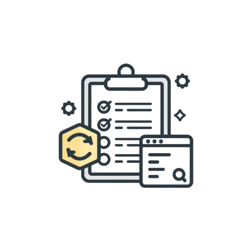 Icon of a clipboard with a document, a gear, and a magnifying glass on a white background