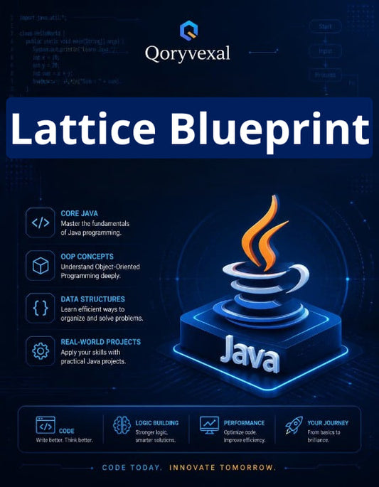 Book cover of 'Lattice Blueprint' by Qoryvexal with Java logo and programming elements.