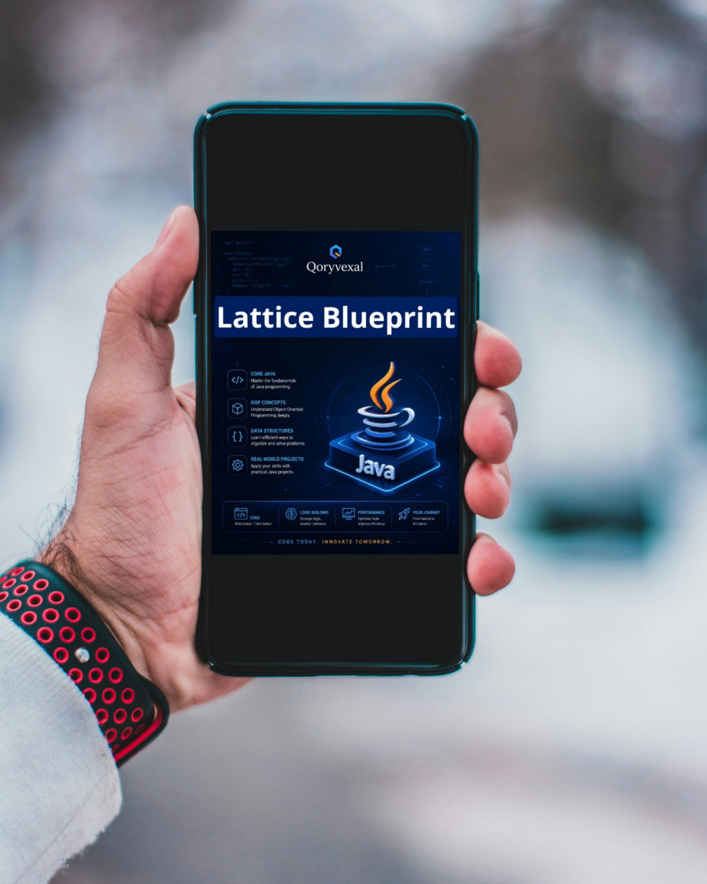 Hand holding a smartphone displaying the Qeryenal Lattice Blueprint for Java on a blurred outdoor background.
