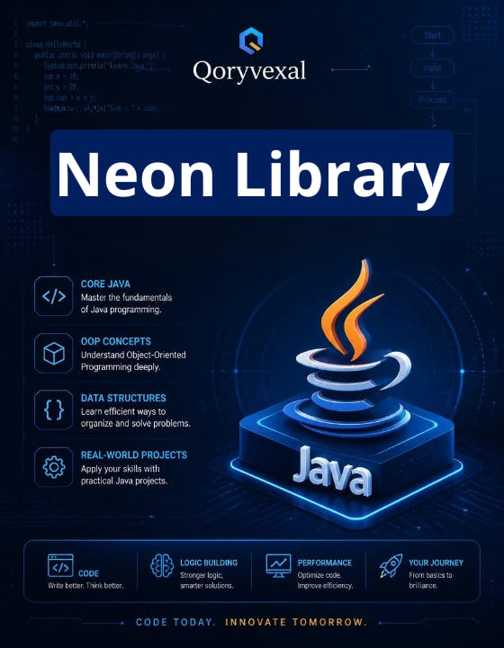 Cover of 'Neon Library' by Qoryvexal with Java logo on a dark background